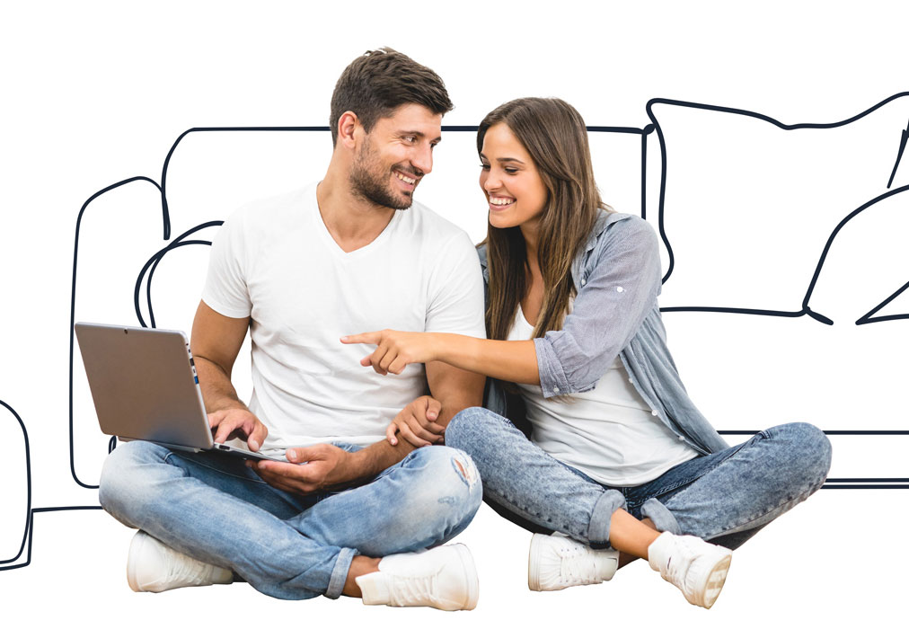 Man and woman sat in front of illustrated sofa and home furniture