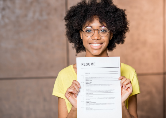 Young African woman holding resume document