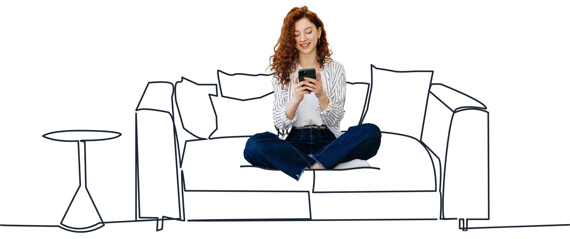 Woman sat on illustrated single line sofa looking at phone