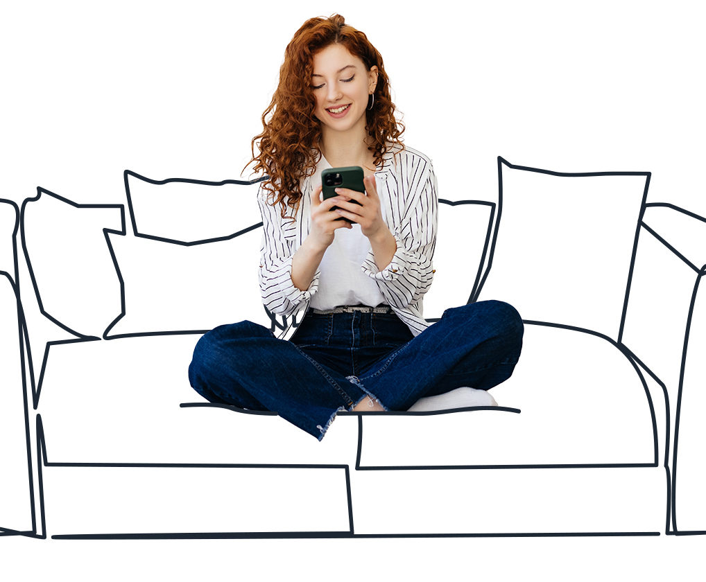 Woman sat on illustrated single line sofa looking at phone
